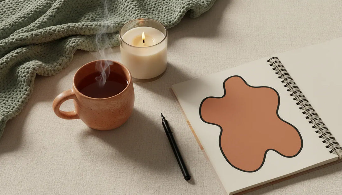 Warm editorial flat-lay of cozy gift objects arranged on a cream linen surface: a, cozy gifts