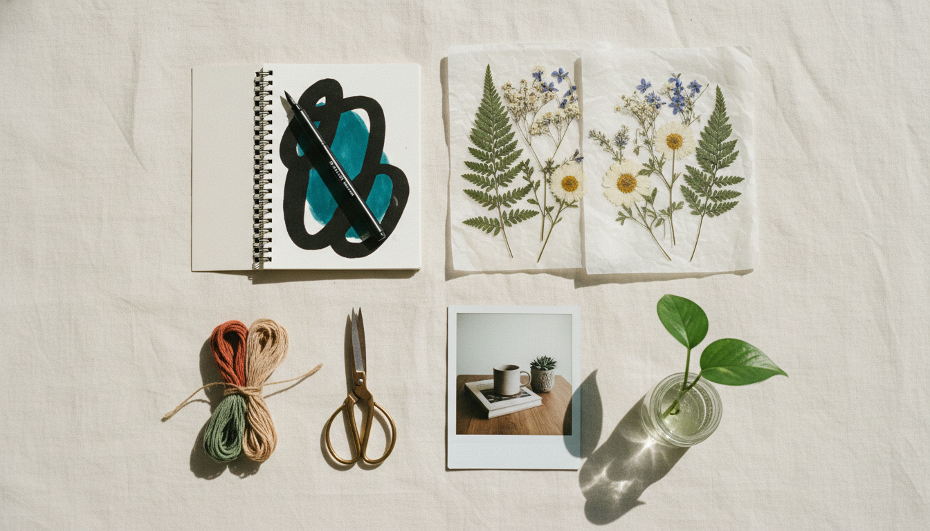 Flat lay of beginner creative hobby supplies: monochrome coloring book, pressed flowers, embroidery thread, scissors, photo, plant cutting