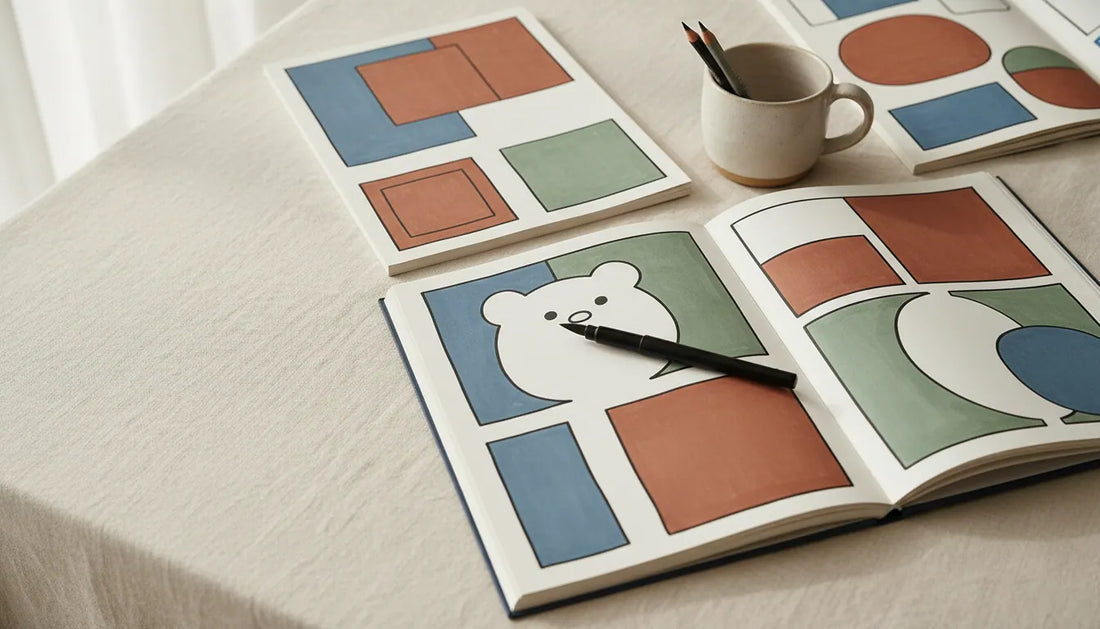 Warm editorial flat-lay of several open coloring books arranged on a soft cream linen, coloring books like bobbie goods
