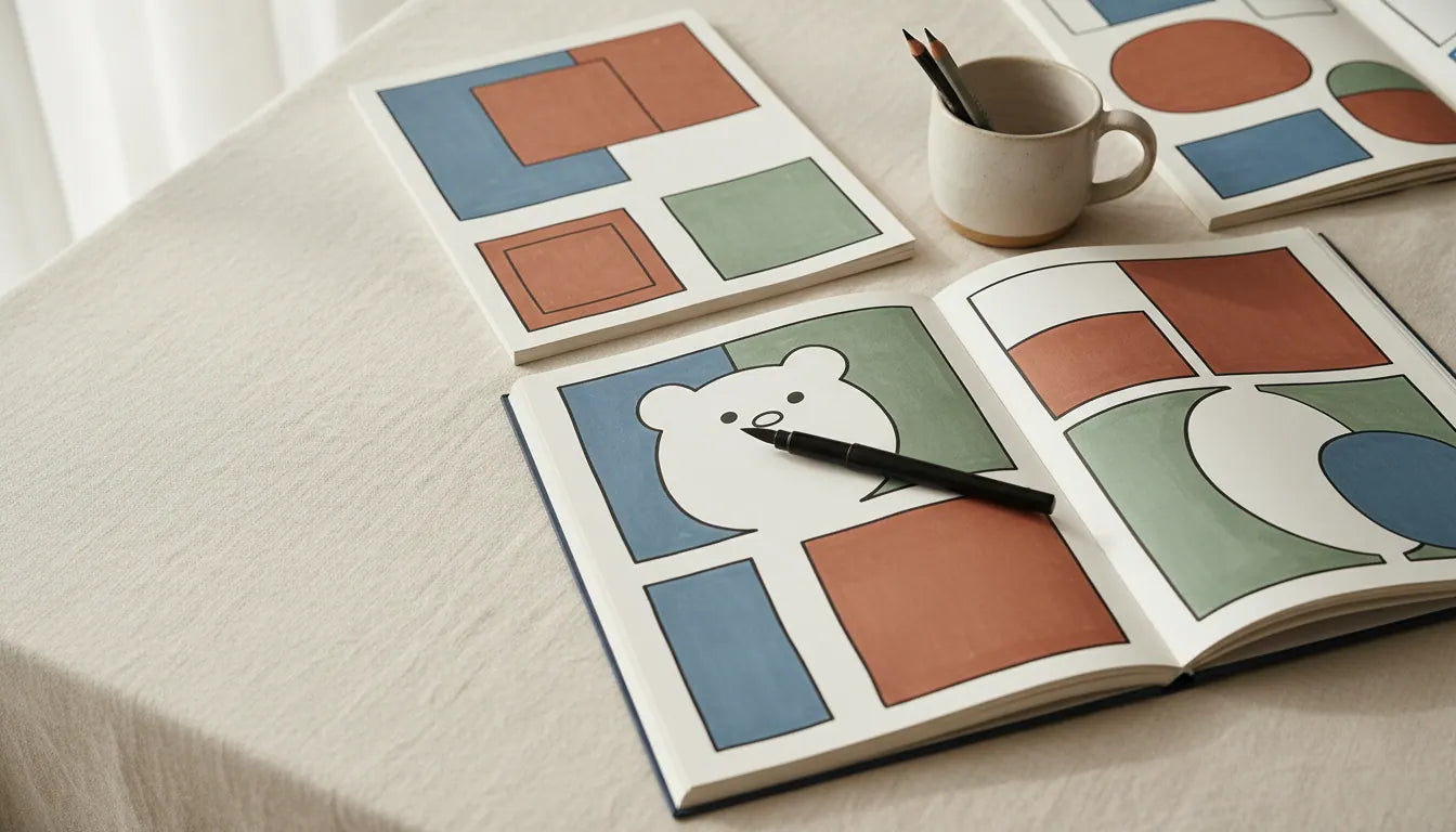 Warm editorial flat-lay of several open coloring books arranged on a soft cream linen, coloring books like bobbie goods