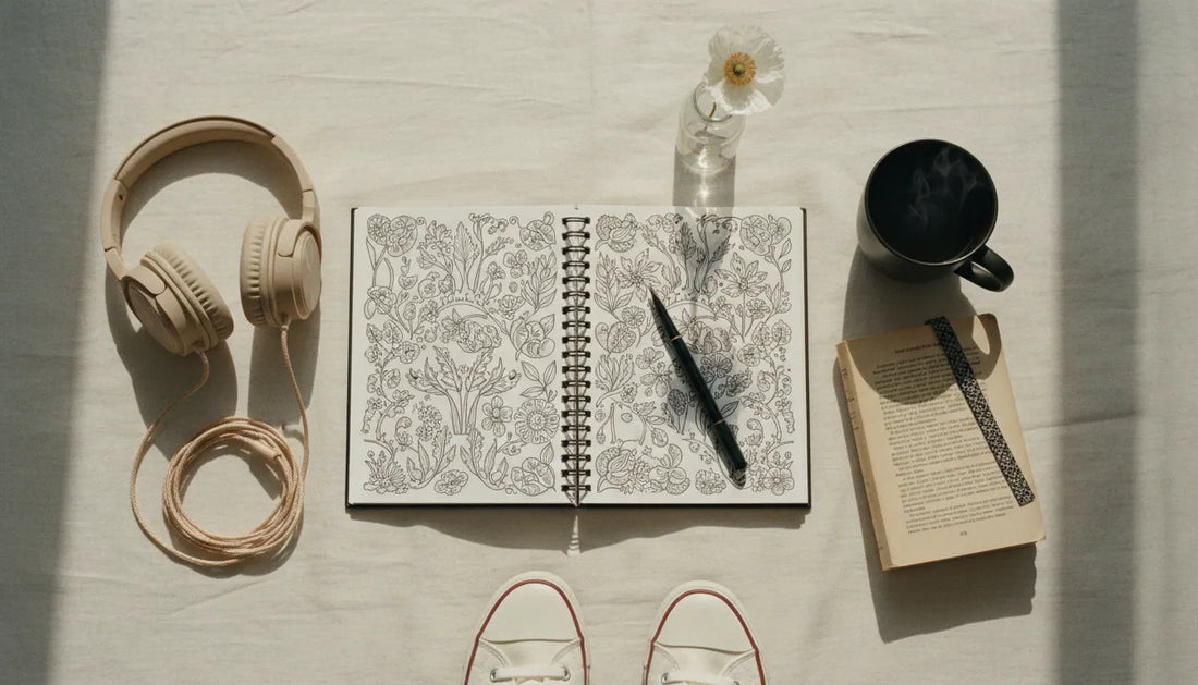 Flat lay of relaxing hobby essentials on cream linen: coloring book, tea, novel, dried flower, headphones, walking shoes