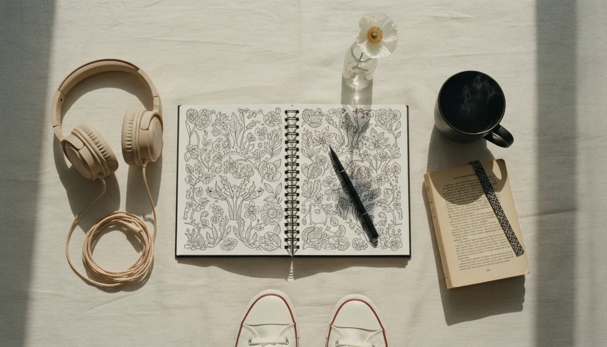 Flat lay of relaxing hobby essentials on cream linen: coloring book, tea, novel, dried flower, headphones, walking shoes