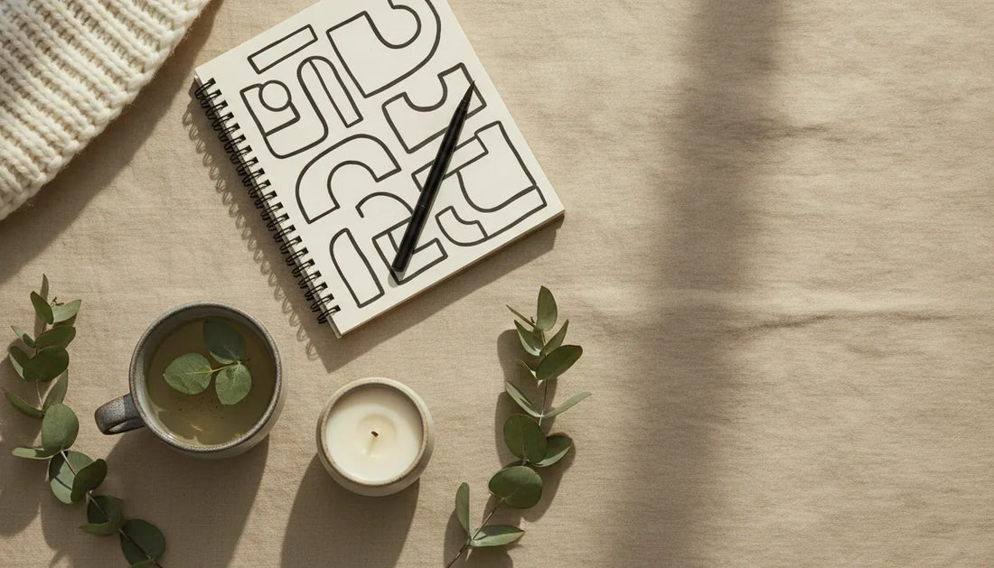 Serene editorial flat-lay of calming gift objects arranged on warm linen: a chunky knit, calming gifts for adults