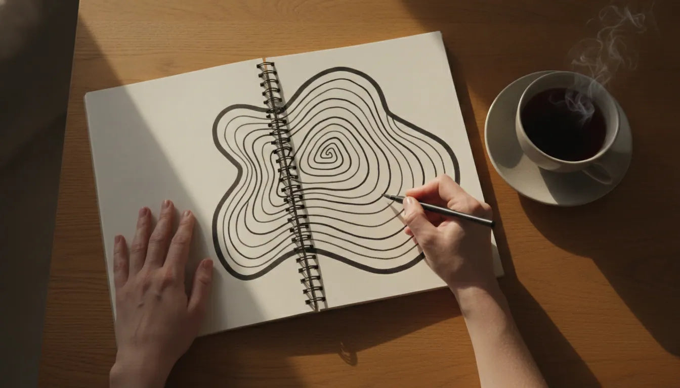 Calm editorial overhead photo of an adult woman's hands filling a large bold black, benefits of coloring for adults