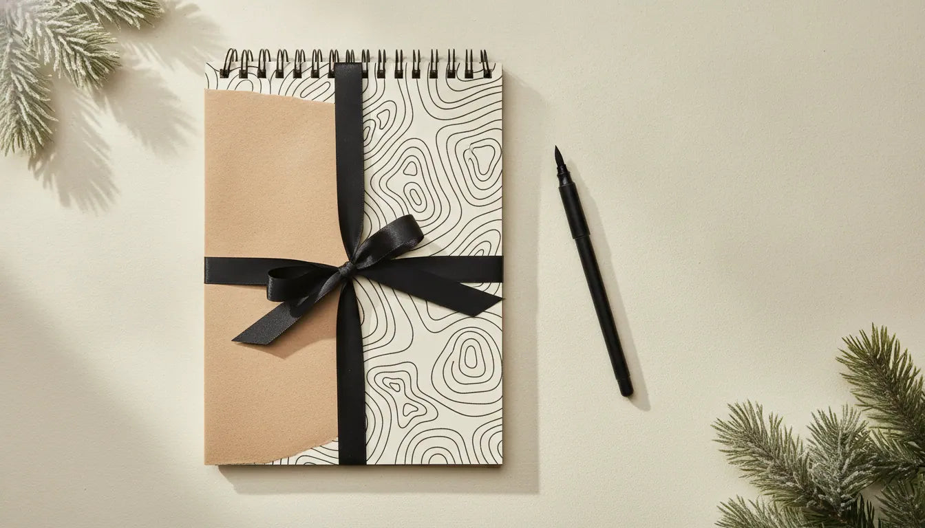 Warm editorial flat-lay of a spiral-bound one-color coloring book wrapped halfway in kraft paper, coloring book gift