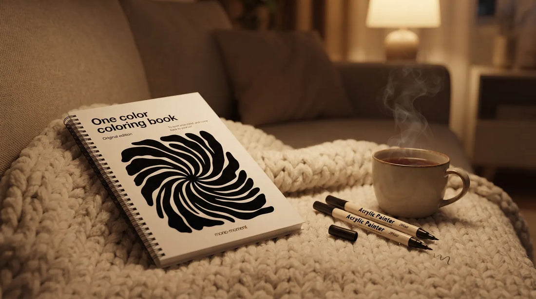 One Color Coloring Book with dual tip brush pens on a cozy evening blanket with tea