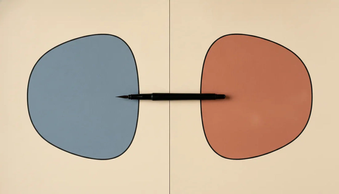Calm minimalist split still life on a warm cream background, two halves side by — overstimulated vs overwhelmed