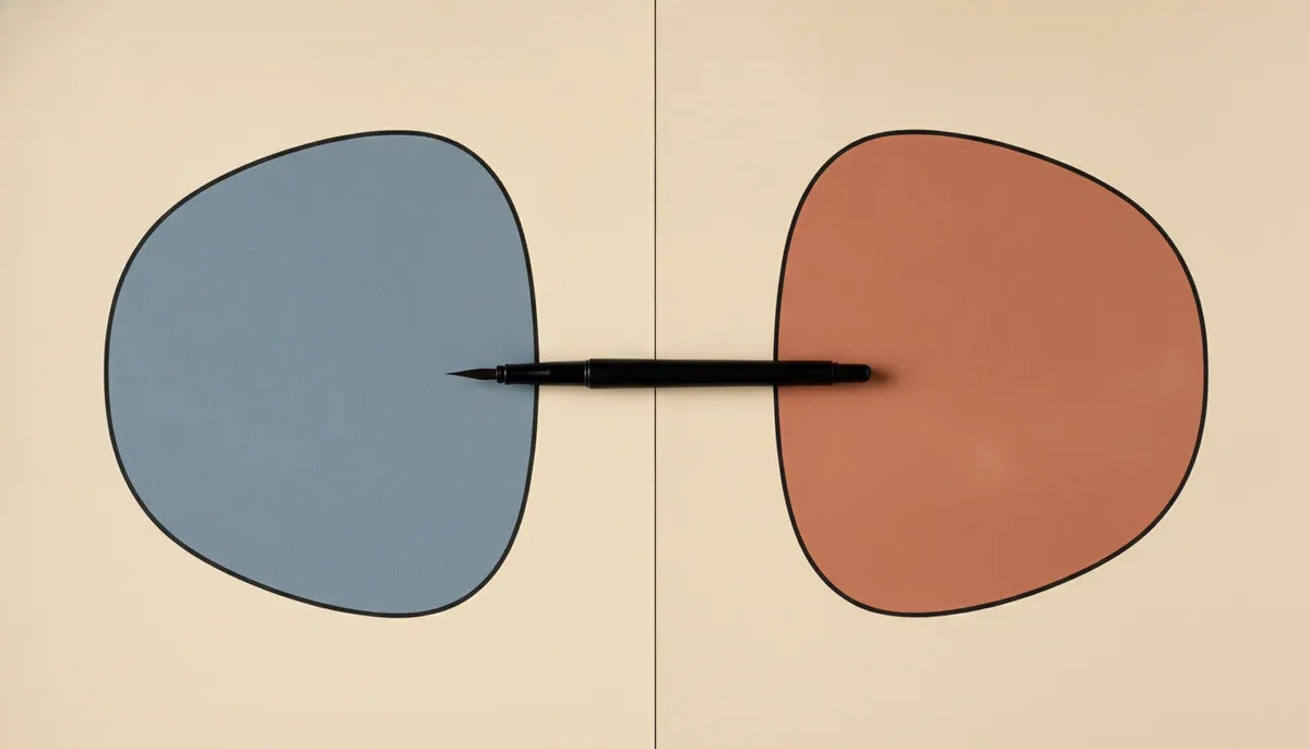 Calm minimalist split still life on a warm cream background, two halves side by, overstimulated vs overwhelmed