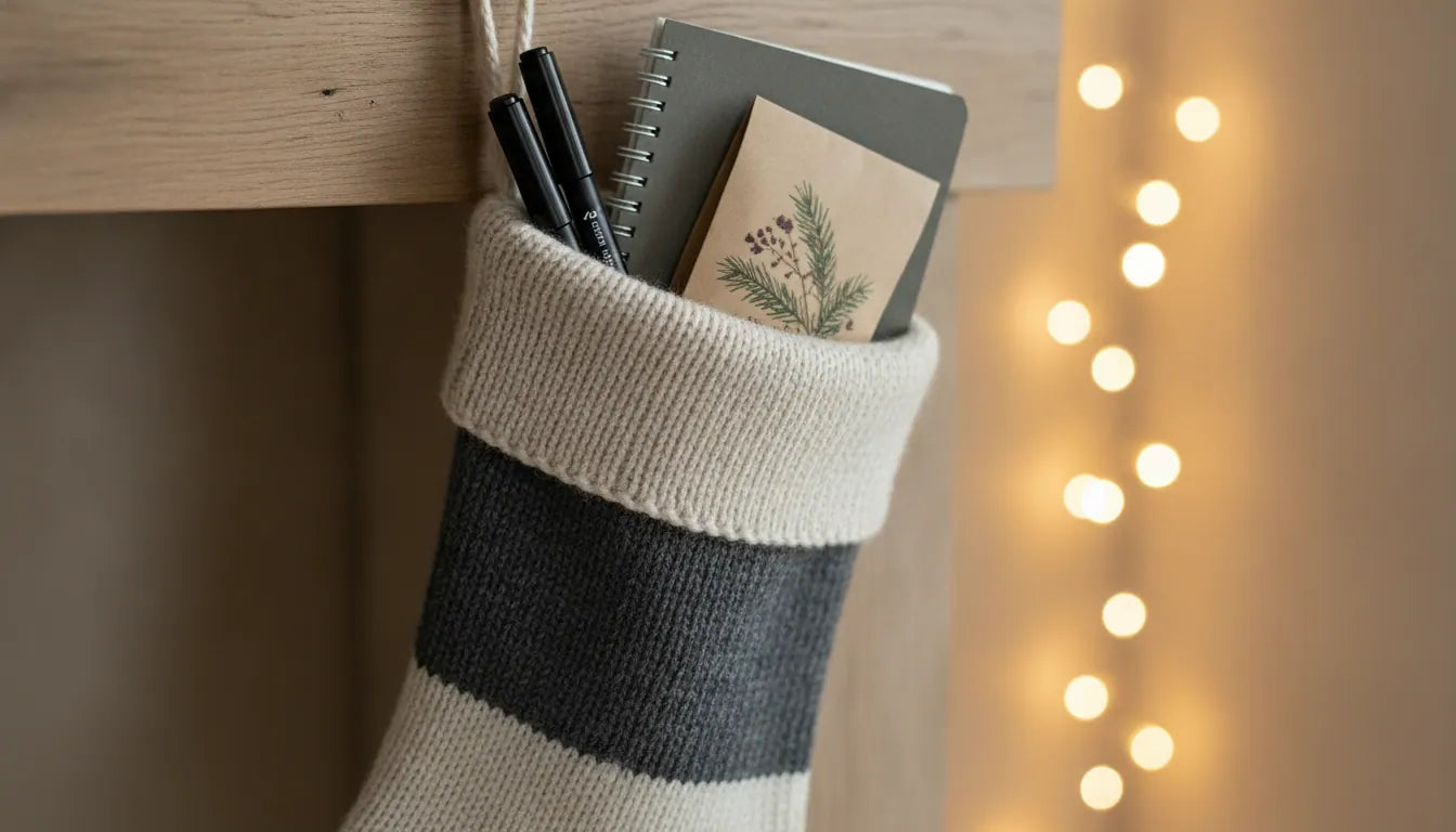 Festive but minimalist editorial photo of a knit Christmas stocking on a wooden mantel, stocking stuffers for adults