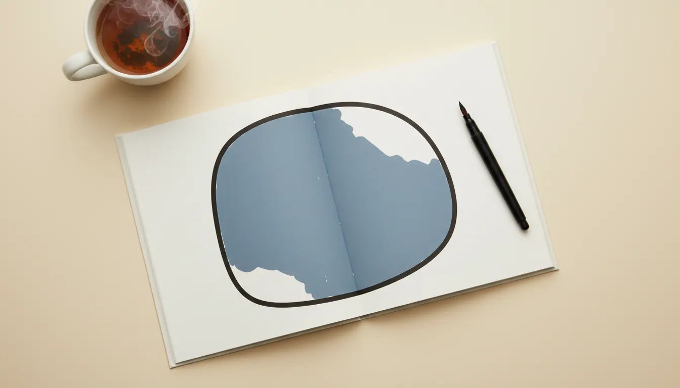 Coloring book for relaxation, an open one-color page and a cup of tea on cream linen