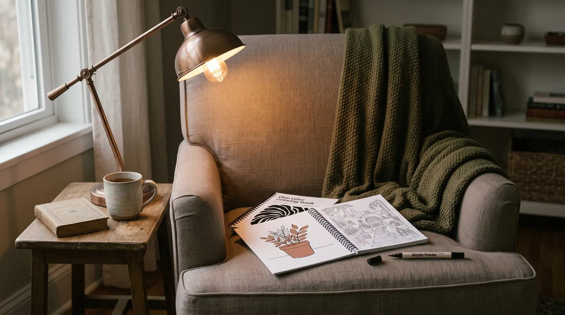 A quiet evening setup: reading lamp, blanket and an open one-color coloring book with one bold shape filled by a single pen