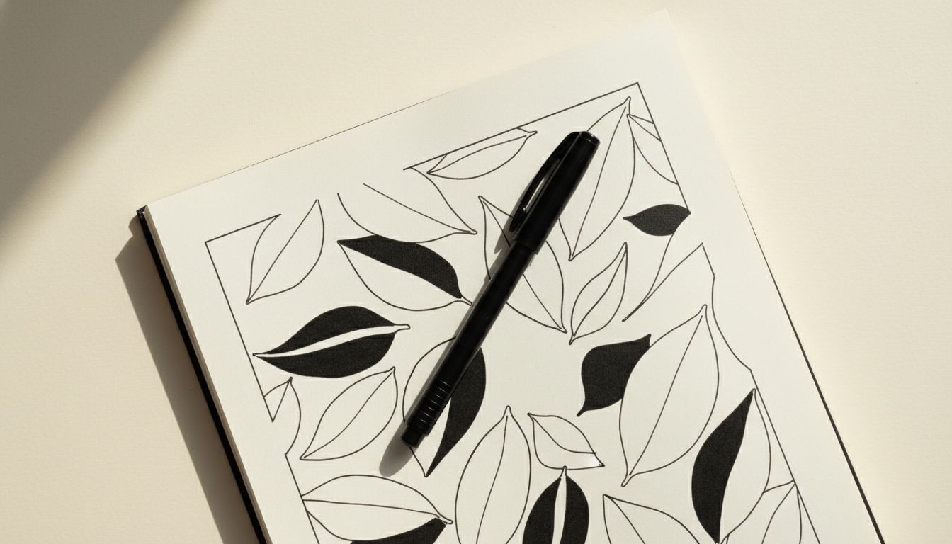 Overhead photograph of a single black gel pen lying diagonally across an open monochrome — single color coloring