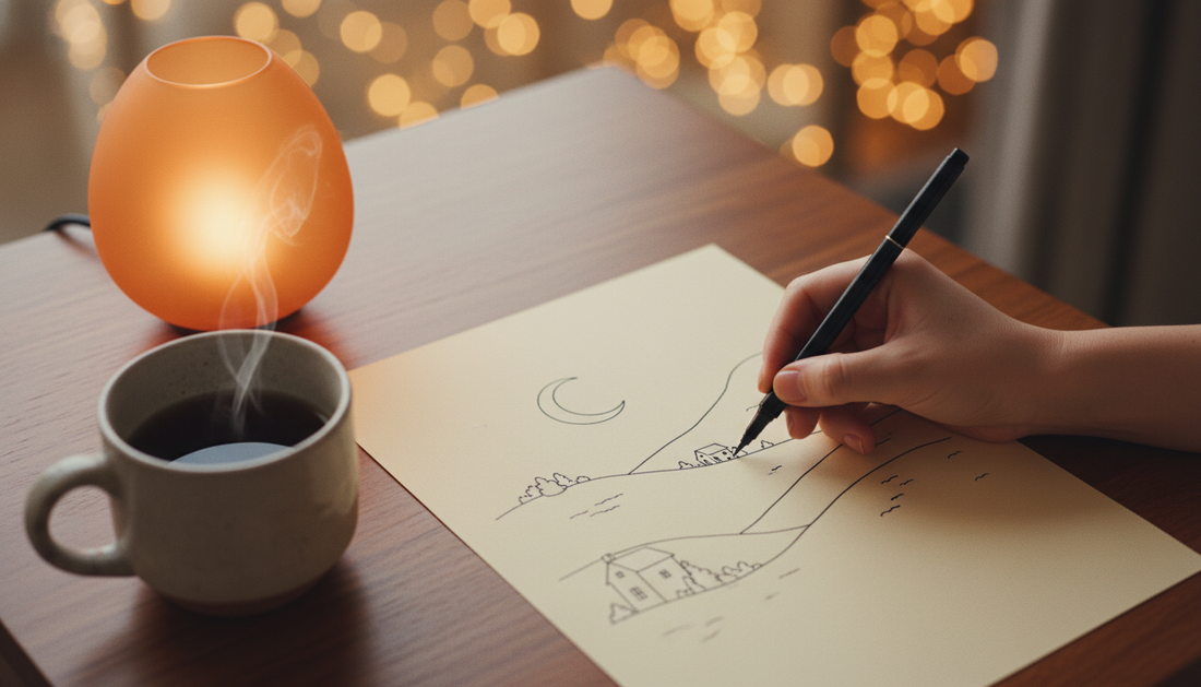 Close-up overhead photo of a hand coloring a black-and-white minimalist line illustration of moonlit — coloring before bed