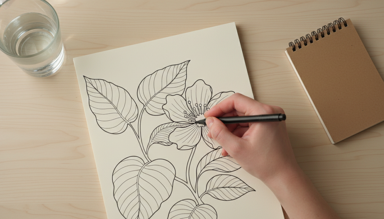 Overhead photograph of an adult's hand mid-stroke coloring a simple monochrome black-and-white botanical line — coloring books for adults with ADHD