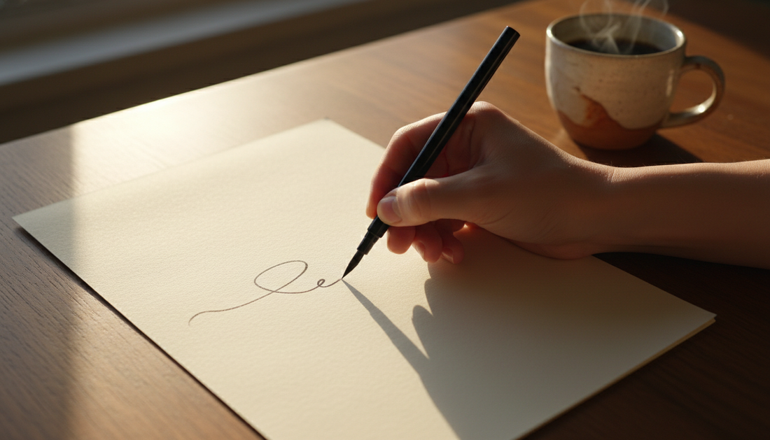 Close-up overhead photo of a hand drawing slow continuous lines on a cream-colored paper — how to enter flow state