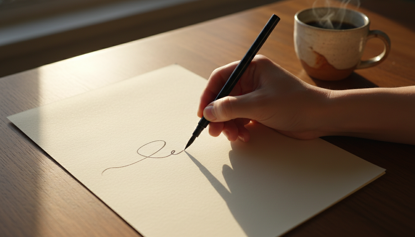 Close-up overhead photo of a hand drawing slow continuous lines on a cream-colored paper — how to enter flow state