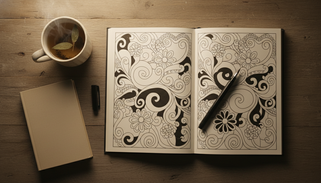 Overhead photo of a quiet evening scene on a wooden table in soft warm — low stimulation activities