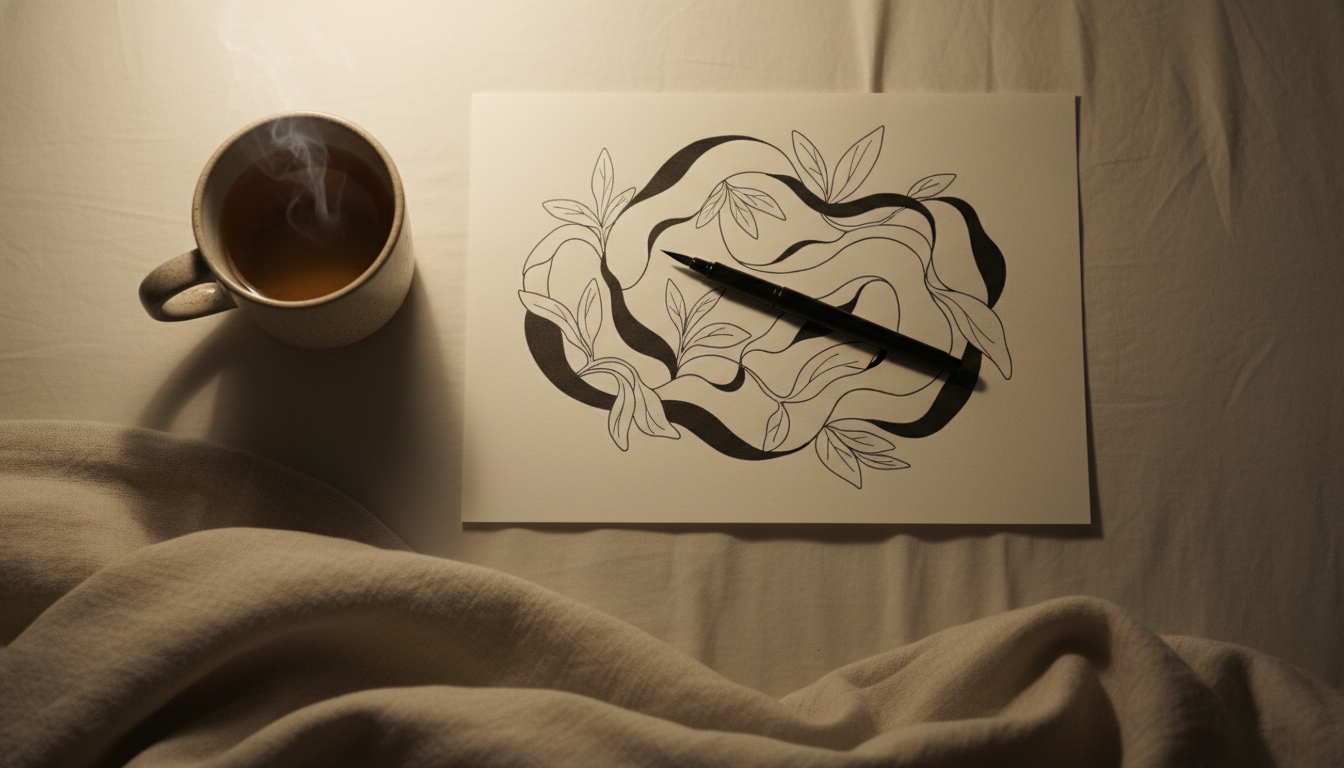 Overhead photo of a calm bedside scene in soft warm lamplight: a partially-completed monochrome — parasympathetic nervous system activities