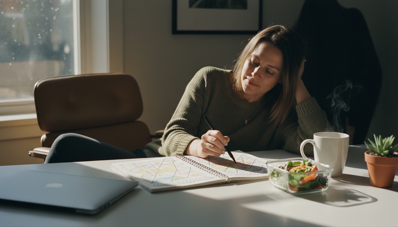 Working woman at her office desk during lunch break with a single-pen coloring book, mug of tea, and closed laptop