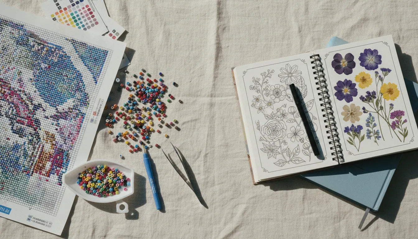 Cluttered diamond painting setup on left vs calm minimalist craft alternatives on right, on cream linen