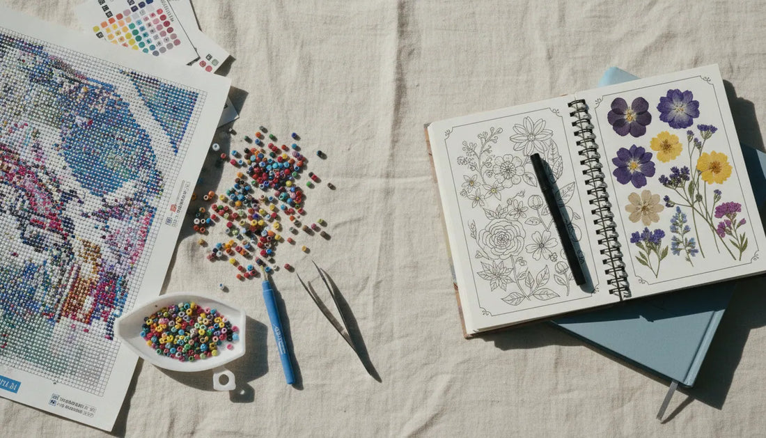 Cluttered diamond painting setup on left vs calm minimalist craft alternatives on right, on cream linen