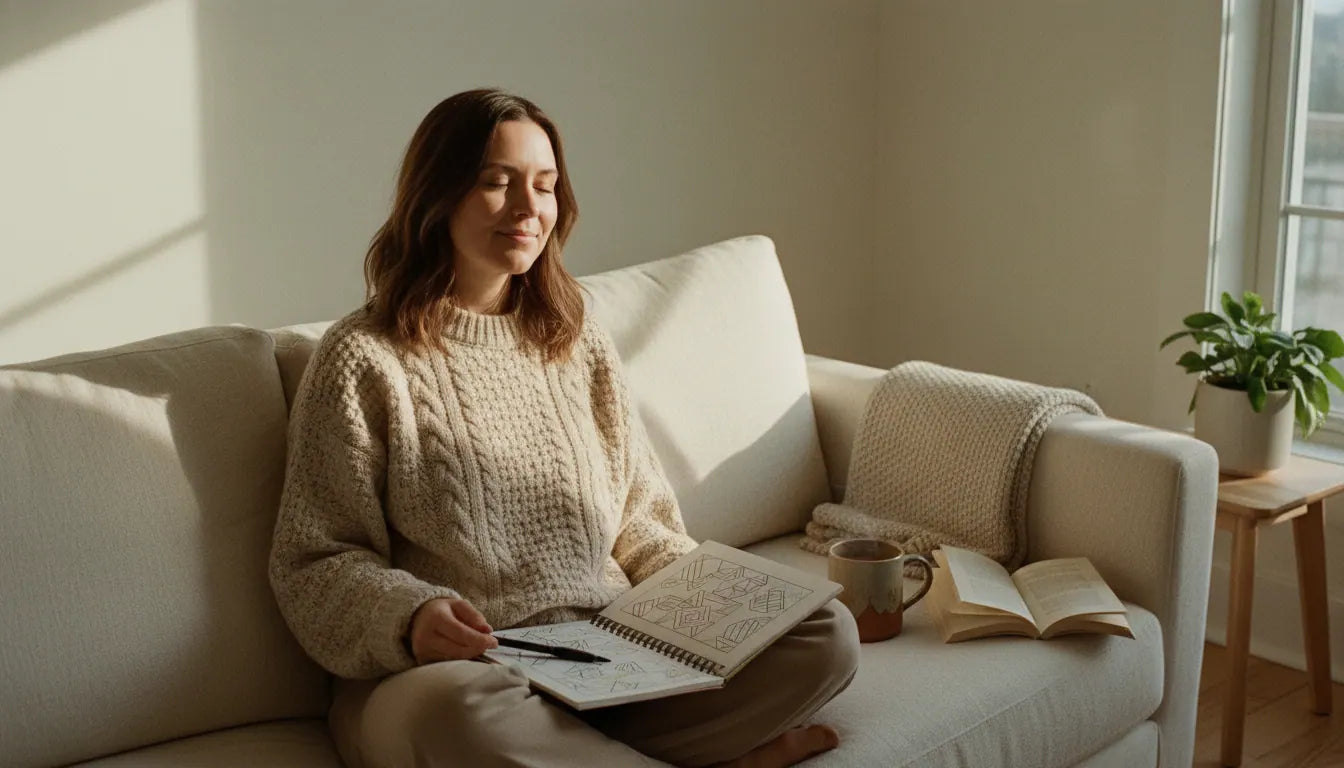 Highly sensitive woman resting on a soft linen couch with coloring book and tea in a calm low-stimulation space