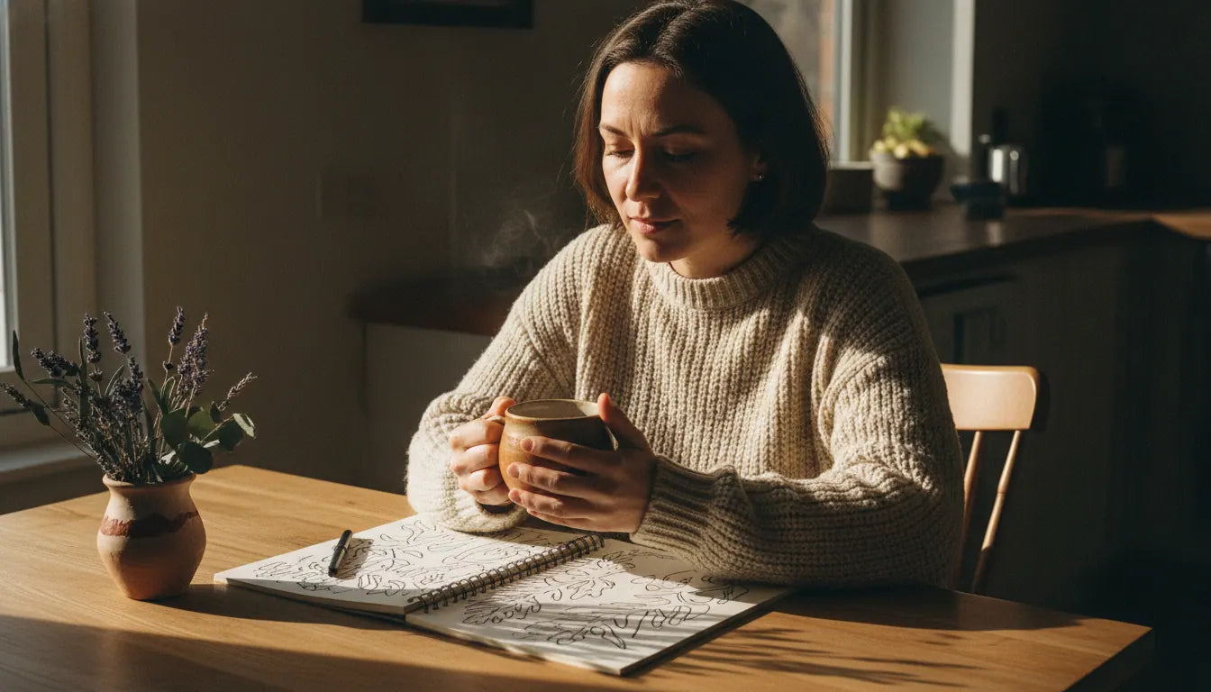 Woman calmly drinking tea and coloring at her kitchen table during morning light, no phone in sight