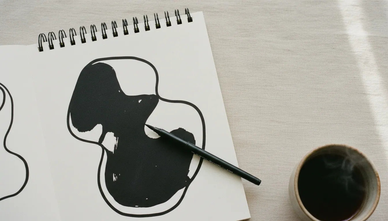 Open monochrome coloring book with one bold black abstract shape mid-color and a single black brush pen on cream linen