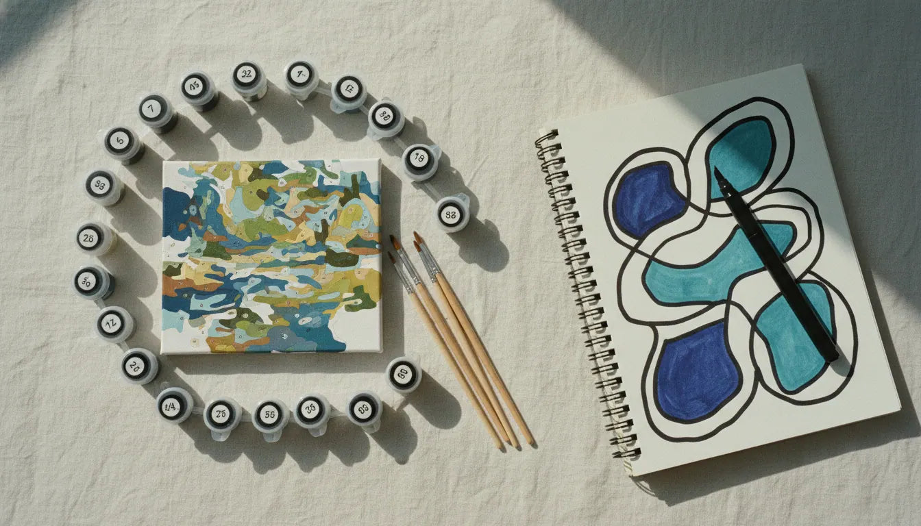 Side-by-side comparison: paint-by-numbers canvas with 24 paint pots versus a single-pen monochrome coloring book on cream linen