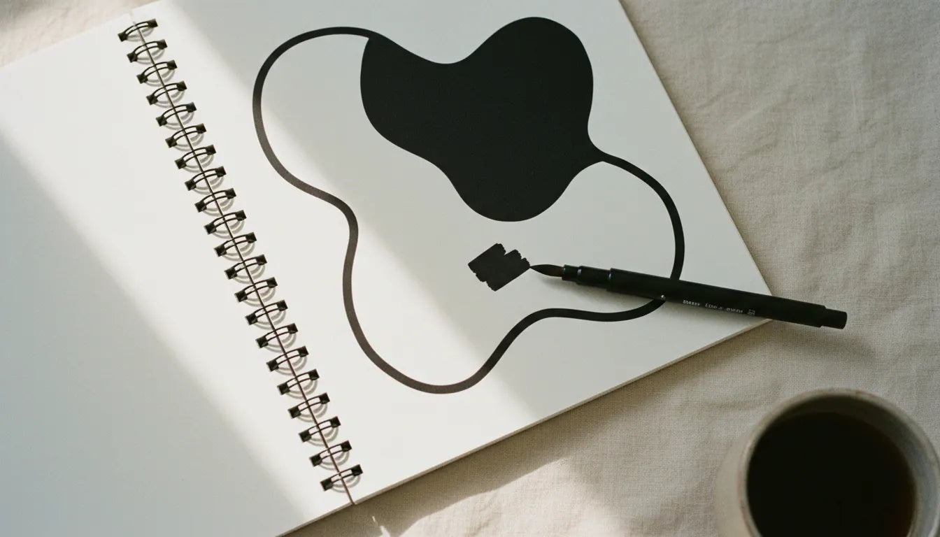 Open monochrome coloring book with one bold black abstract shape mid-color and a single black brush pen on cream linen