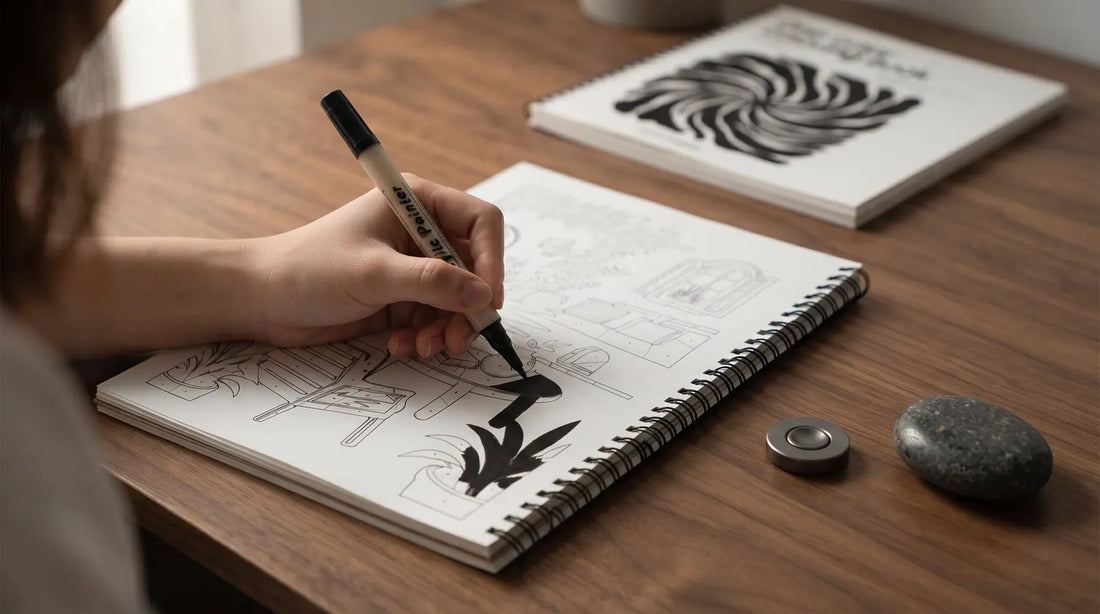 A hand filling one bold black shape with a single pen, a small fidget ring resting beside the book