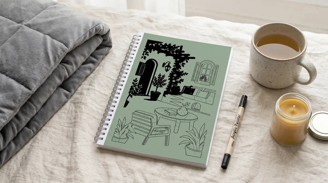 A calm gift arrangement: a soft blanket, tea, and an open one-color coloring book with a single pen