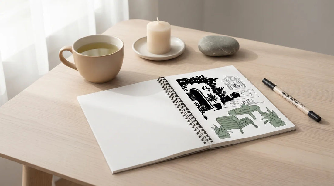 A calm arrangement: a mug of tea, a candle and an open one-color coloring book with one bold shape filled with a single pen