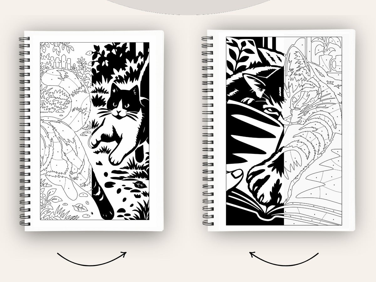 Two spiral-bound pages from the Cats Special Edition, each shown half as empty line art with small marks and half filled in solid black