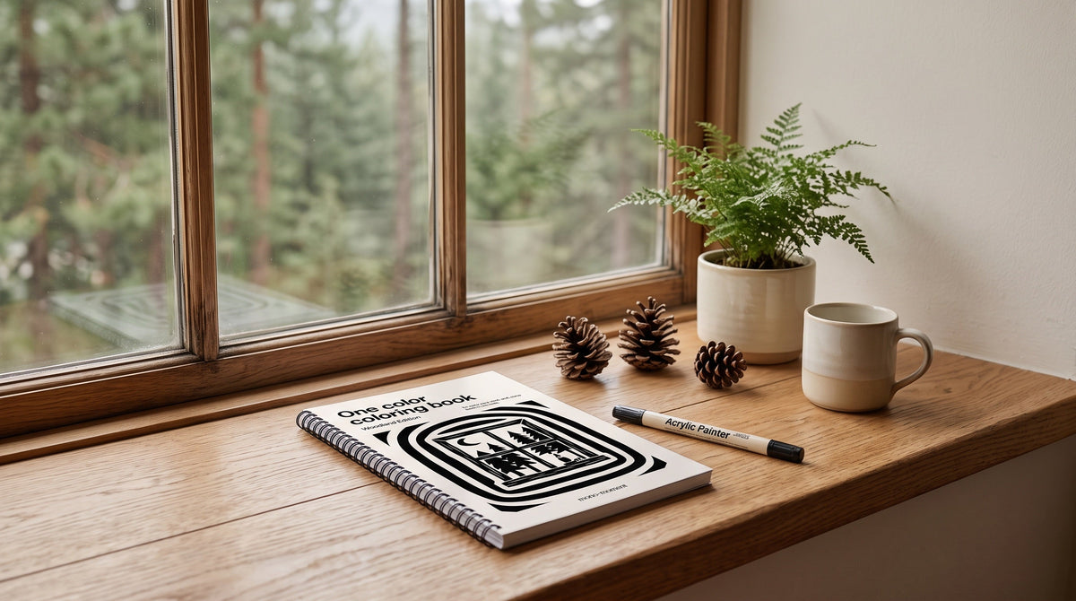 The One Color Coloring Book Woodland Edition on a cabin windowsill with pine cones, a fern and a brush pen
