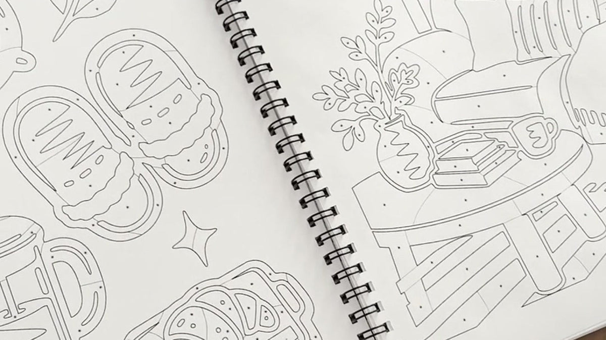 Cute everyday-objects double page in the One Color Coloring Book
