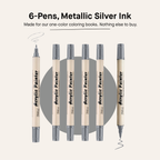 6 Dual Tip Brush Pens - Metallic Silver Ink