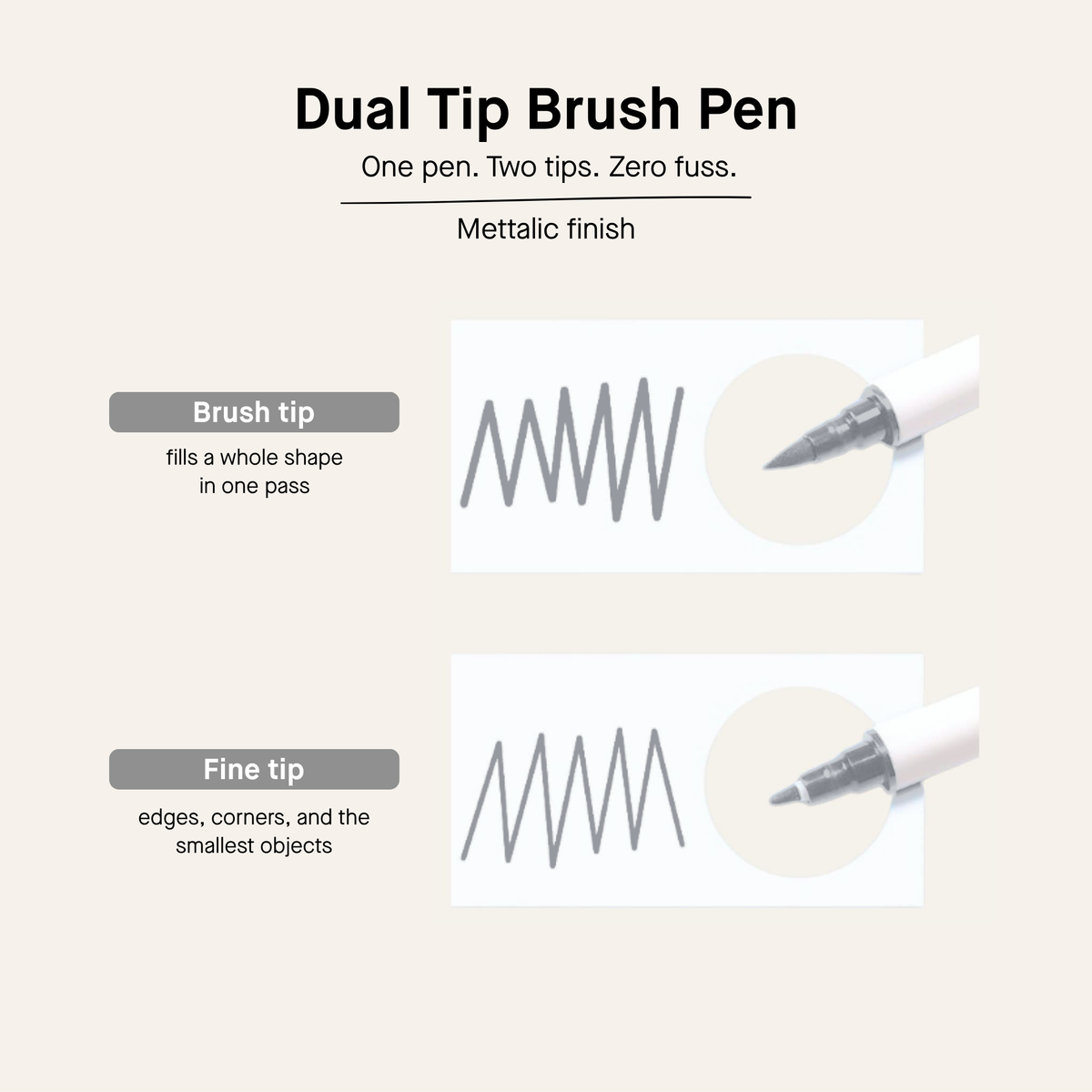 6 Dual Tip Brush Pens - Metallic Silver Ink