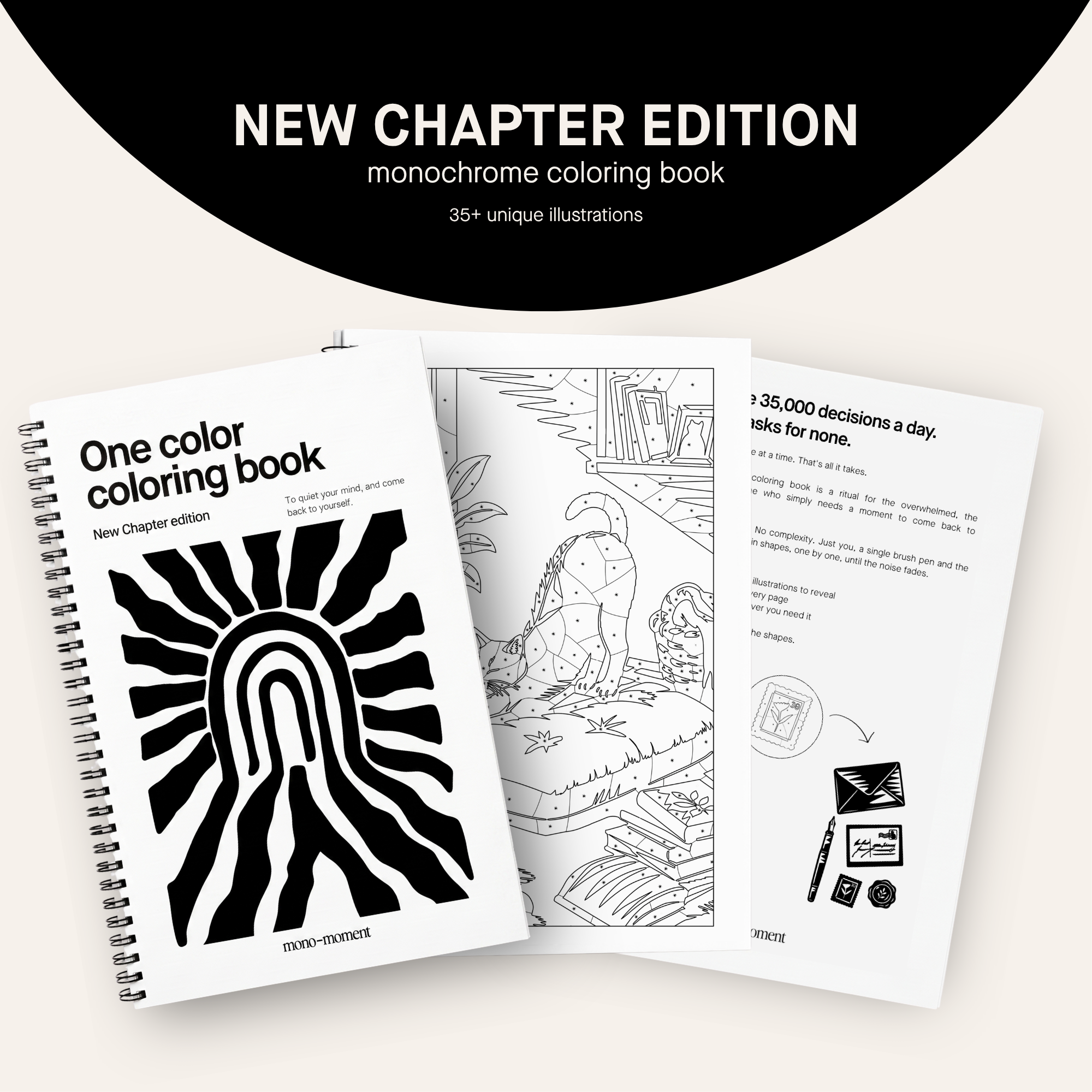 One color coloring book for adults, bold single-color pages by Mono Moment. 
Book 2 - New Chapter Edition