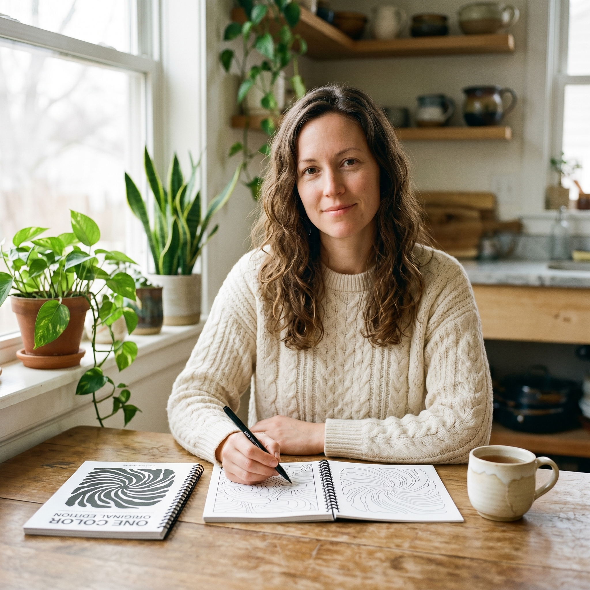 Caroline Eskew, founder of Mono Moment, in her kitchen with the original coloring book