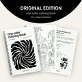 One Color Coloring Book Original Edition cover with three spiral-bound pages fanned out, 65+ illustrations