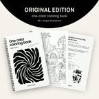 One Color Coloring Book Original Edition cover with three spiral-bound pages fanned out, 65+ illustrations