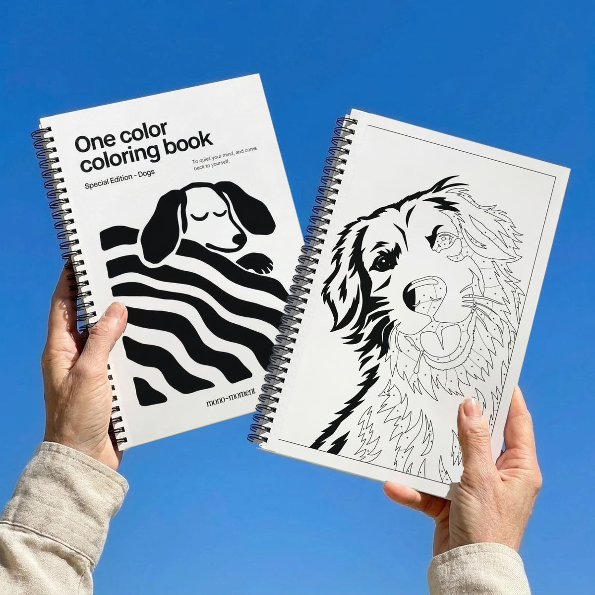 One Color Coloring Book Dogs Special Edition held up against a blue sky: the cover and an inside dog page