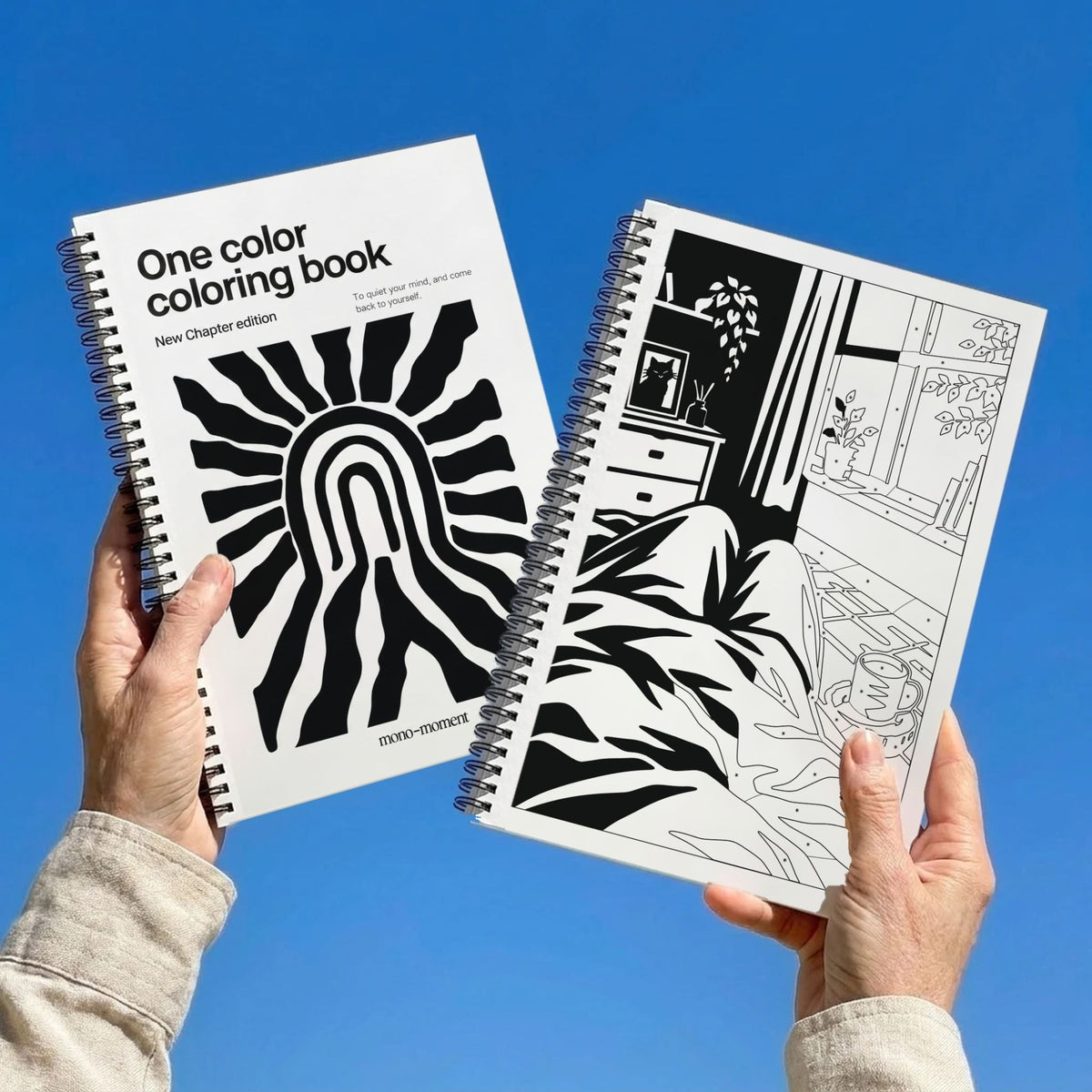 One Color Coloring Book New Chapter Edition held up against a blue sky: the cover and an inside page