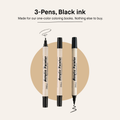 In the set
3 pens · 6 tips · one black water-based ink
Brush tip + fine tip on every pen
Tested on the 160gsm interior paper of Mono Moment One Color Coloring Book